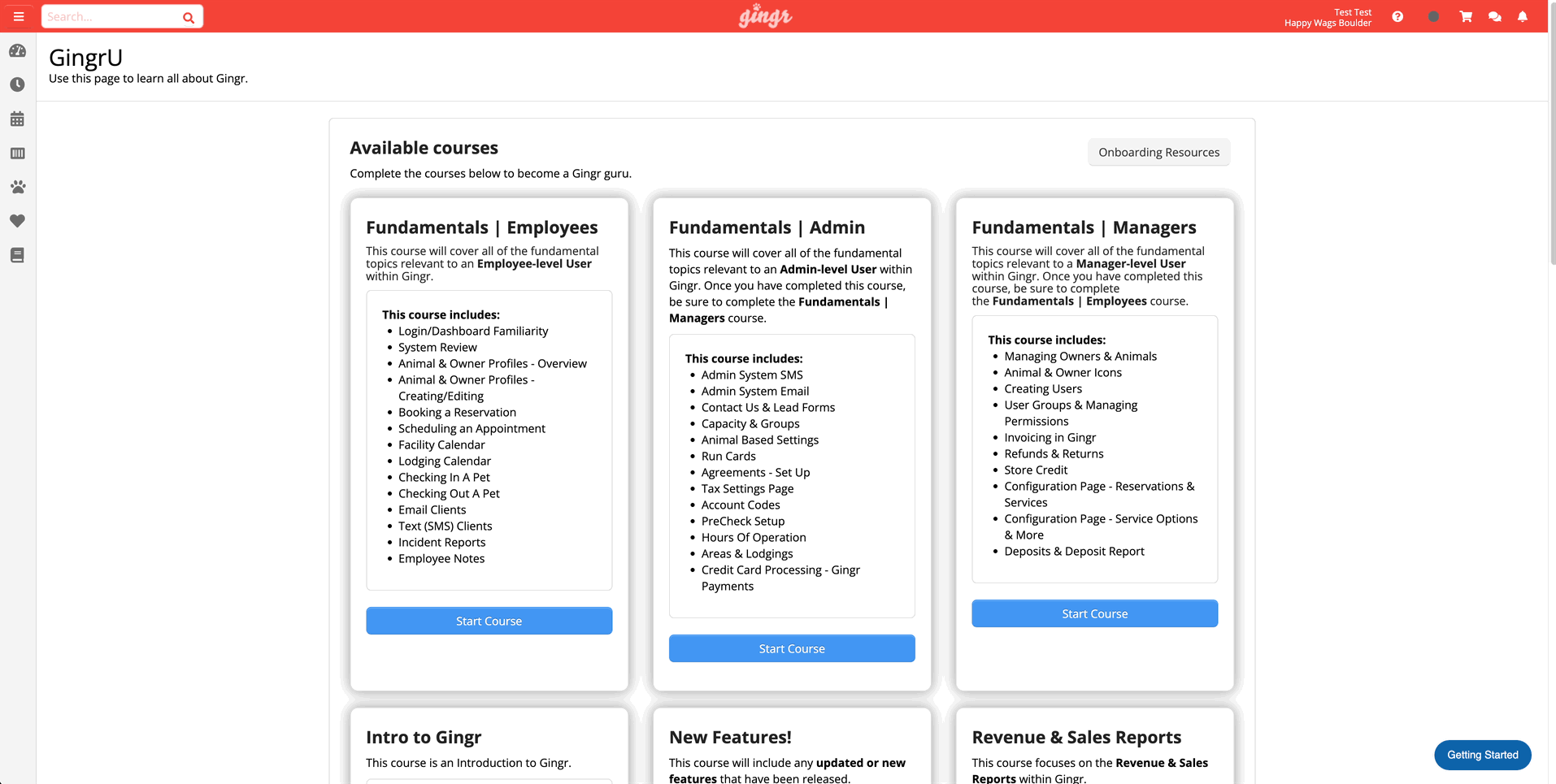 a gif showing available training courses in GingrU