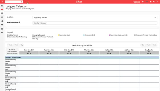 A screenshot of a lodging calendar in Gingr’s boarding software.
