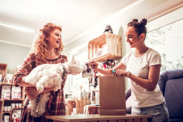cheerful-shopping-assistant-giving-some-food-for-dog-to-smell