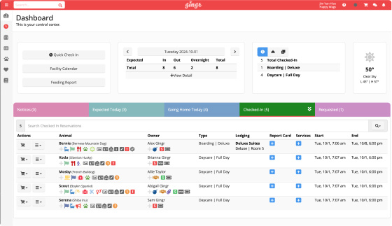 A screenshot of the pet dashboard in Gingr’s kennel software.