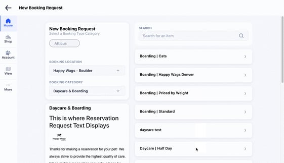 A screenshot of a new booking request in Gingr's dog daycare software.