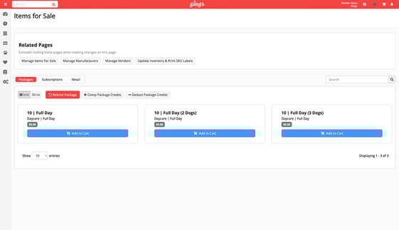A screenshot of pre-paid packages managed in Gingr's dog park and dog bar software.