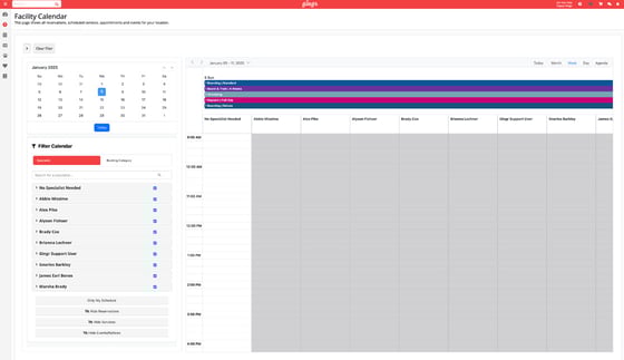 A screenshot of a facility calendar included in our multi-location pet-care business software.