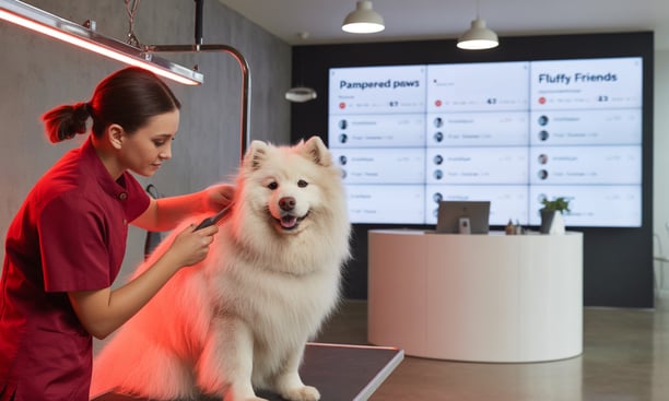 groomer working on a dog at a facility with a display board behind them
