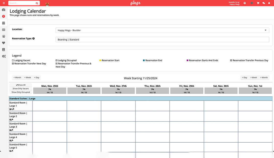A screenshot of Gingr’s dog boarding software.
