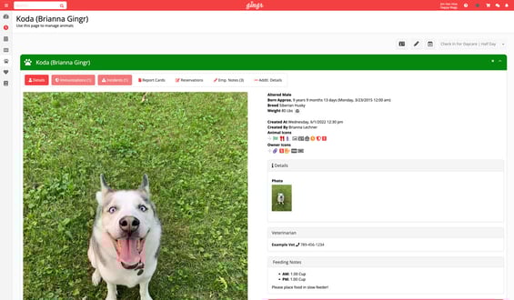 A screenshot of a pet profile with details gathered via Gingr PreCheck.
