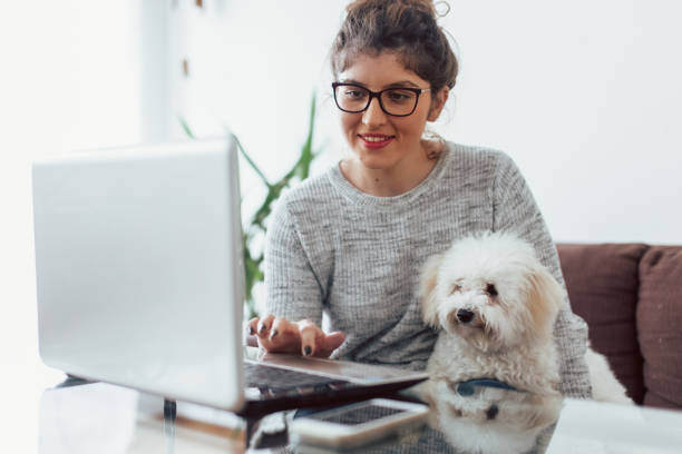A woman uses her laptop while holding a dog
