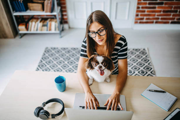 A woman uses a laptop as her dog sits on her lap