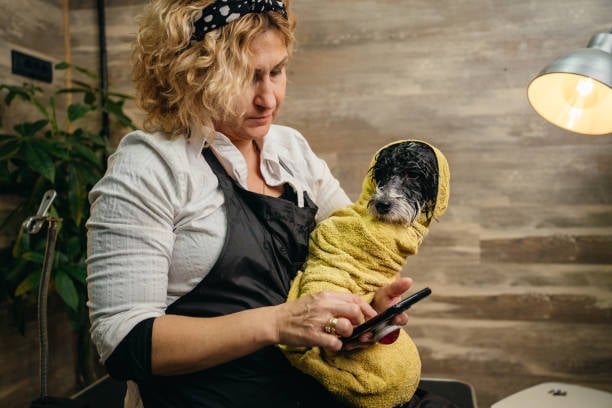 groomer on phone with dog wrapped in towel