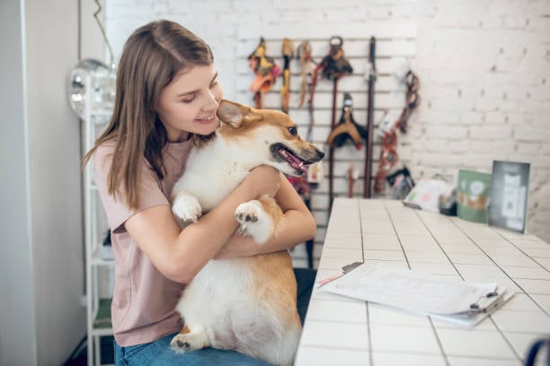 pet parent and her dog checking out at a pet business