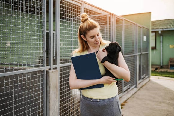 A kennel worker holds a puppy while walking outside