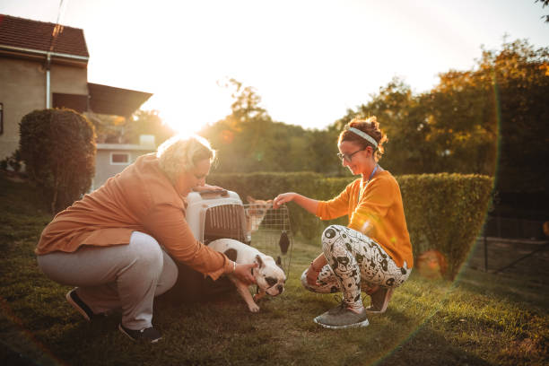 pet parent and kennel owner letting dog out of a travel crate