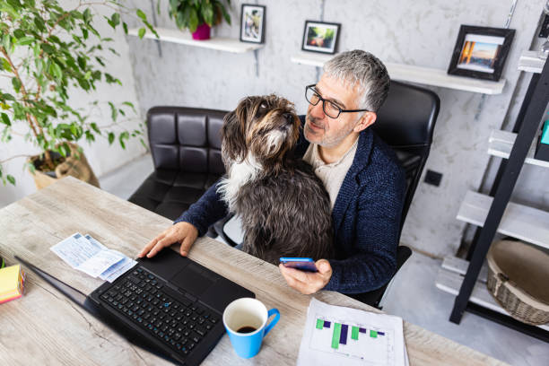 man at computer with dog in lap gazing at him affectionately