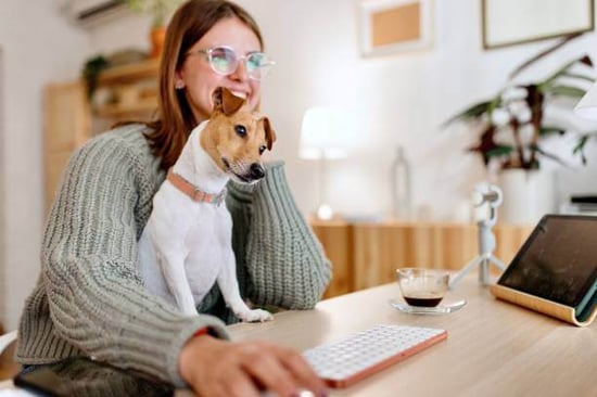 A woman uses a computer as a dog sits on her lap