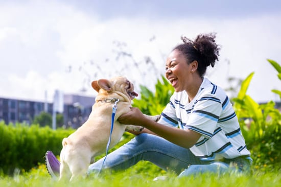 A woman plays with a dog outdoors