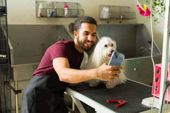 A groomer takes a selfie with a dog
