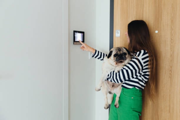 woman holding dog checks alarm and cameras on device