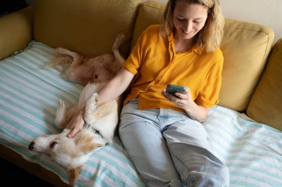 A woman uses a phone as a dog sits next to her