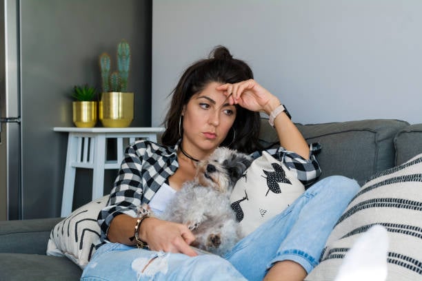 burnt out pet-care worker on couch with dog