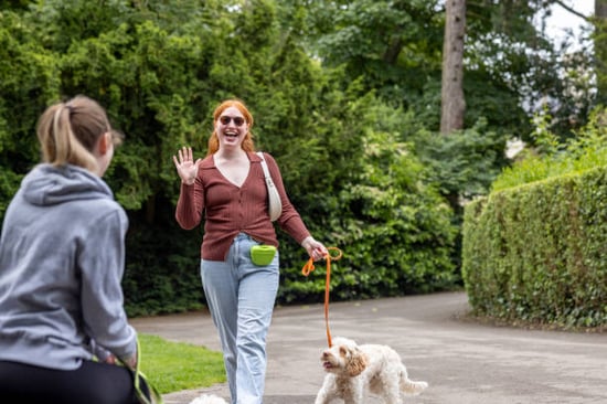 A woman waves at another person while walking a dog outside