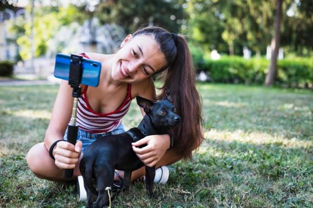 pet business owner outside with a dog filming content for social media