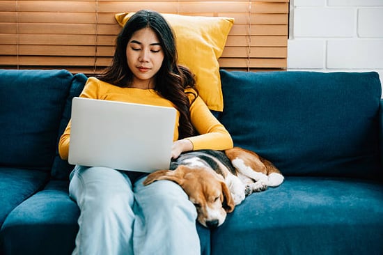 A woman uses a laptop as a dog sits next to her