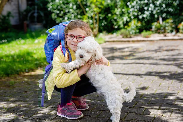 child with backpack hugging dog goodbye