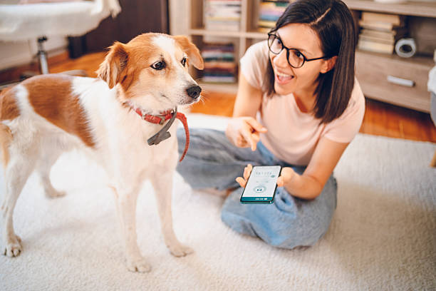 happy pet parent showing her dog a promo code on her phone in the pet parent app