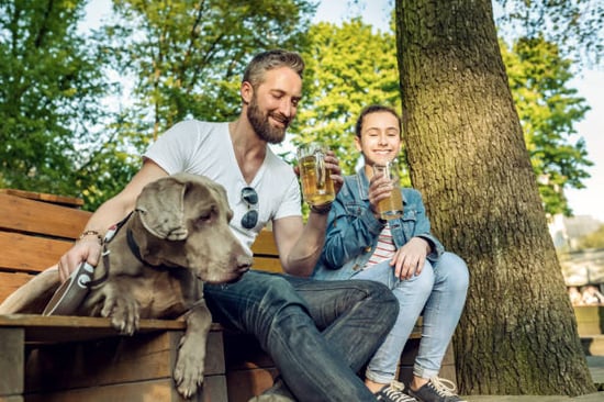 Dog bar customers sitting on a bench