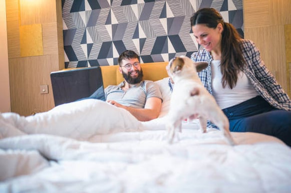 Two people and a dog sit on a hotel room bed