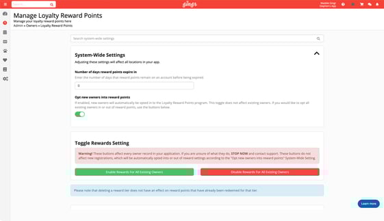 A screenshot of the loyalty program management tools included in our multi-location pet-care business software.