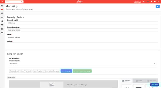 An example of the marketing tools included in Gingr's multi-location pet-care business software.