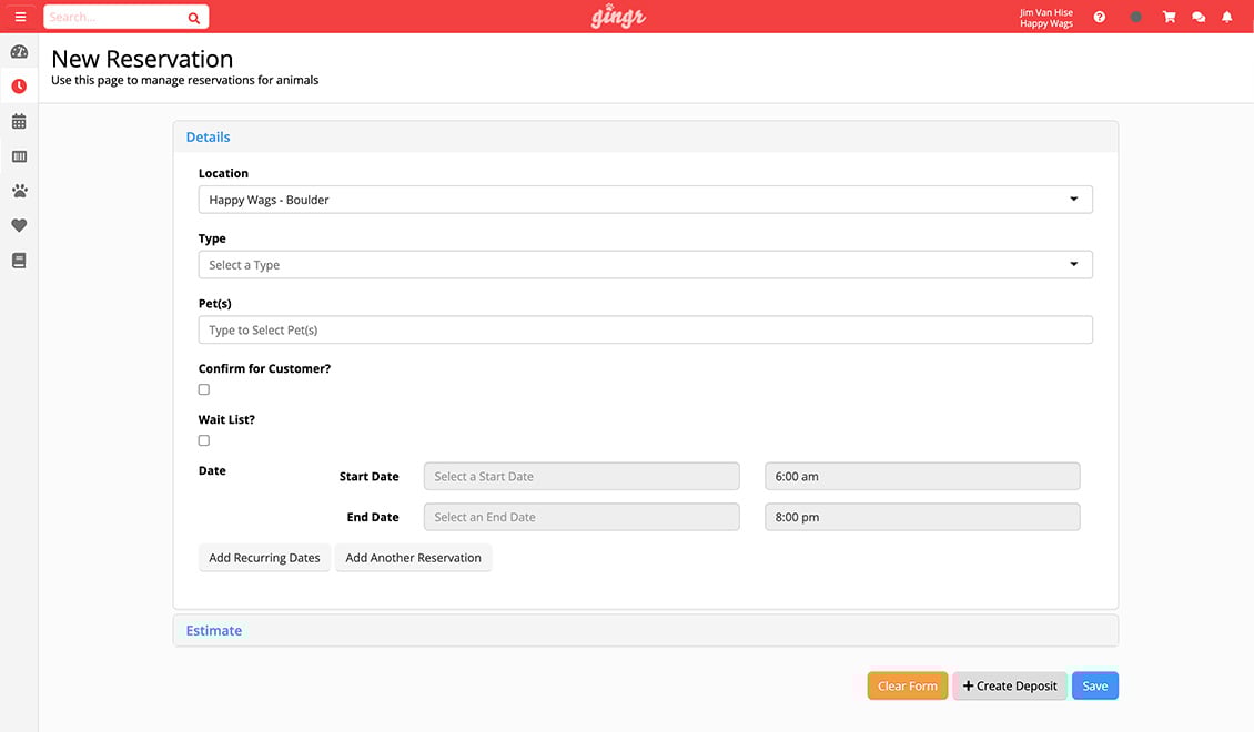 A screenshot of the online booking interface offered through Gingr's pet scheduling feature.