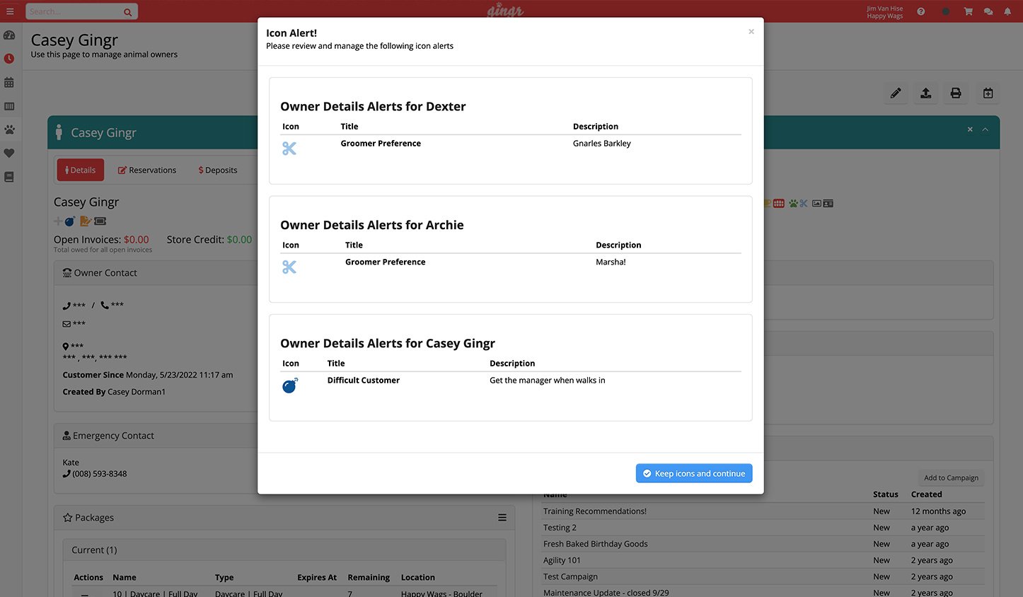 An examples of the notifcations owners can receive via Gingr's dog park and dog bar software.