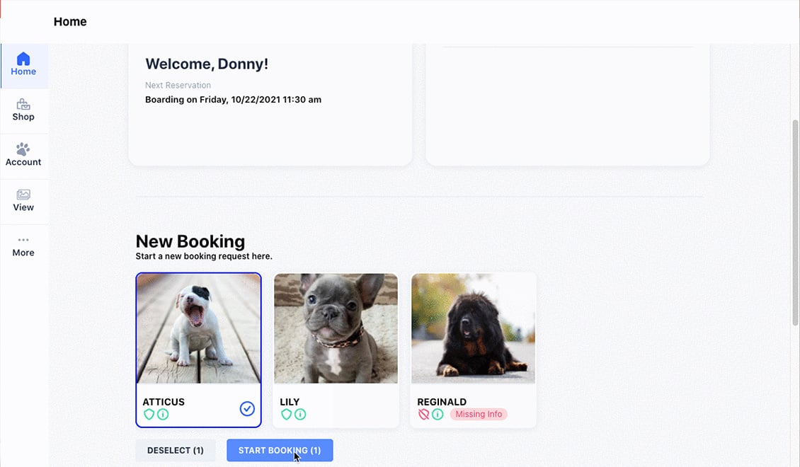 The online booking interface included in Gingr's pet business software.