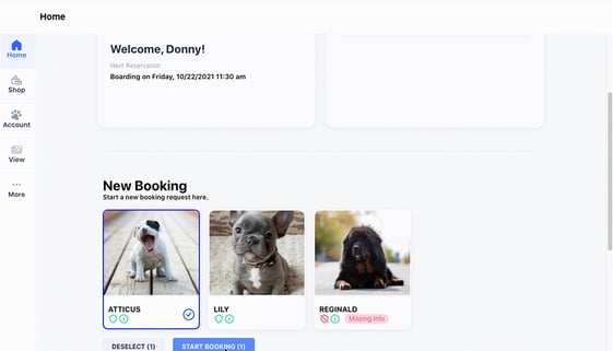 A screenshot of Gingr dog park and dog bar software's online booking interface.