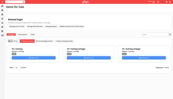 An example of service packages in our dog park or dog bar software.