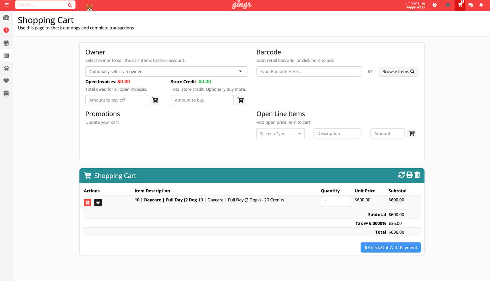 A screenshot of the shopping cart feature in Gingr's payment processing solution.
