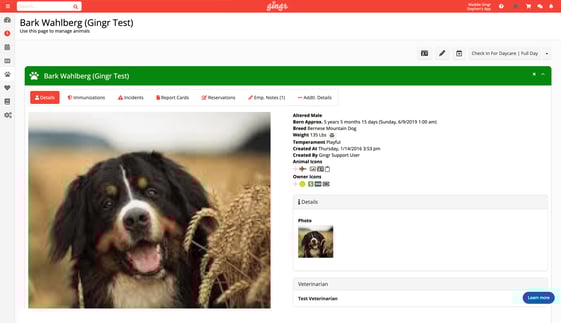 A screenshot of the customizable pet profiles in Gingr's dog training software.