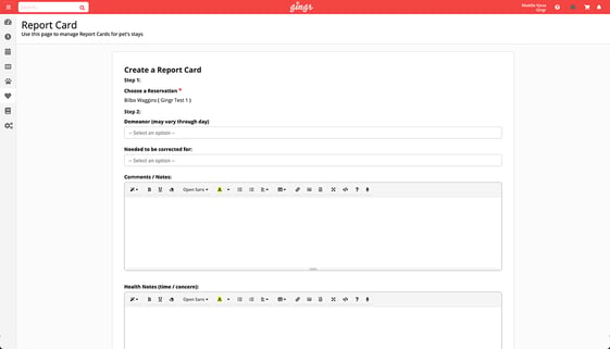 A screenshot of pet report cards in Gingr’s kennel software.
