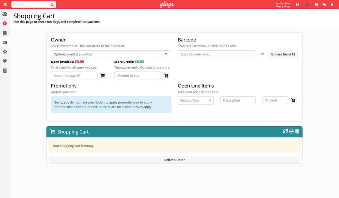 An example of the shopping cart feature offered in Gingr's pet business software.