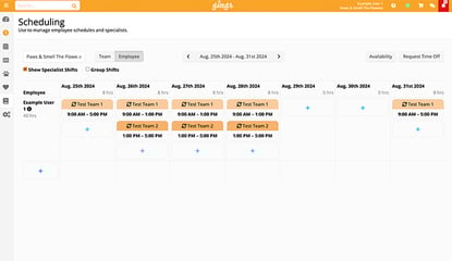 A screenshot of a staff schedule calendar, a feature included across Gingr's pet business software solutions.