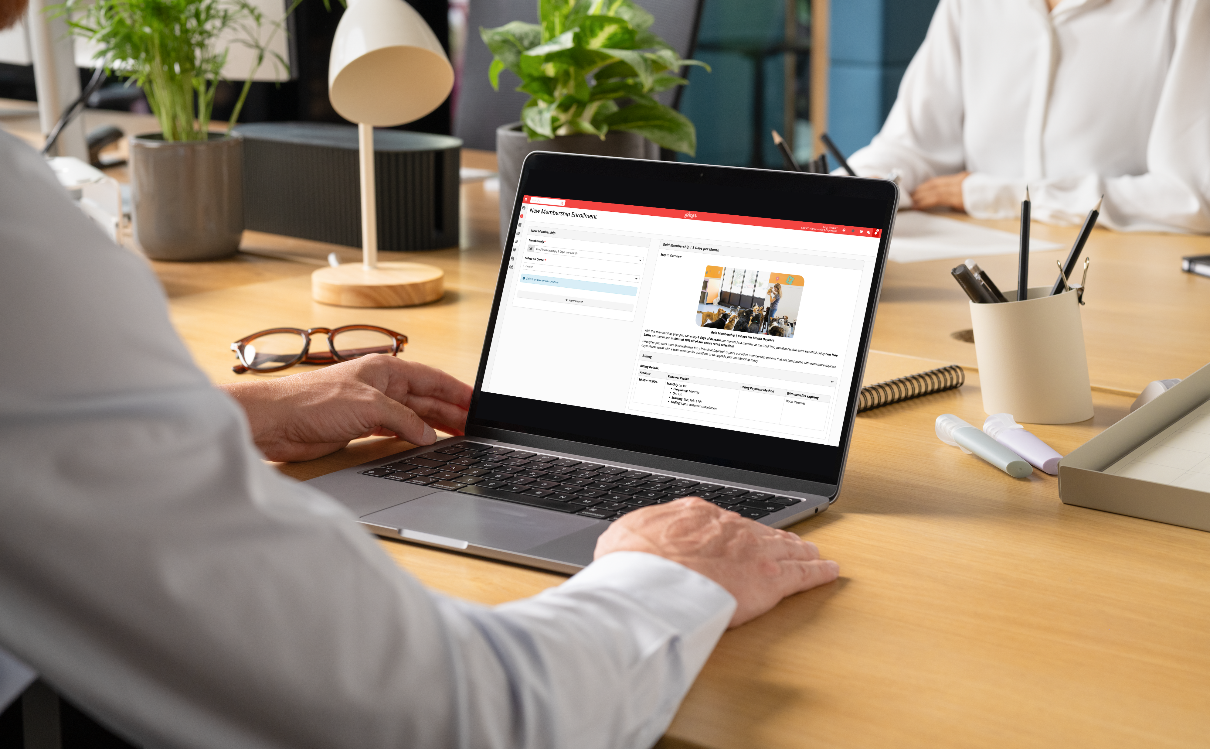 A person uses a laptop that displays Gingr's Memberships feature.