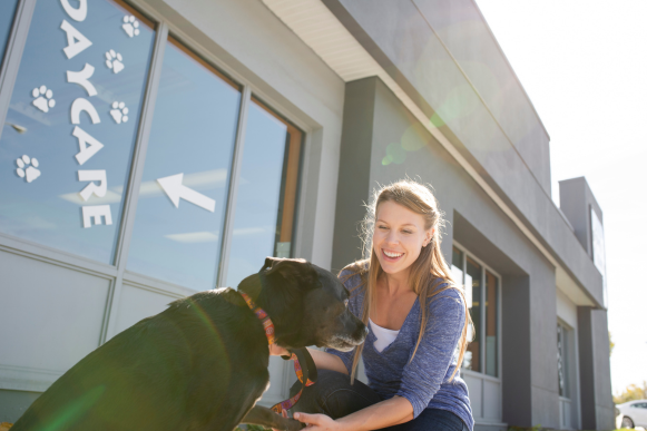 A woman pets a dog outside in front of a dog daycare