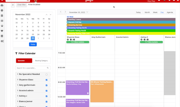 facility calendar in Gingr