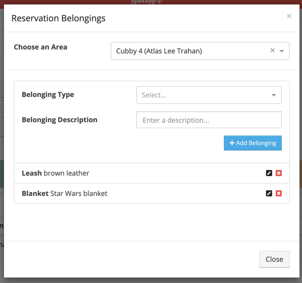 screenshot of pet belongings in gingr