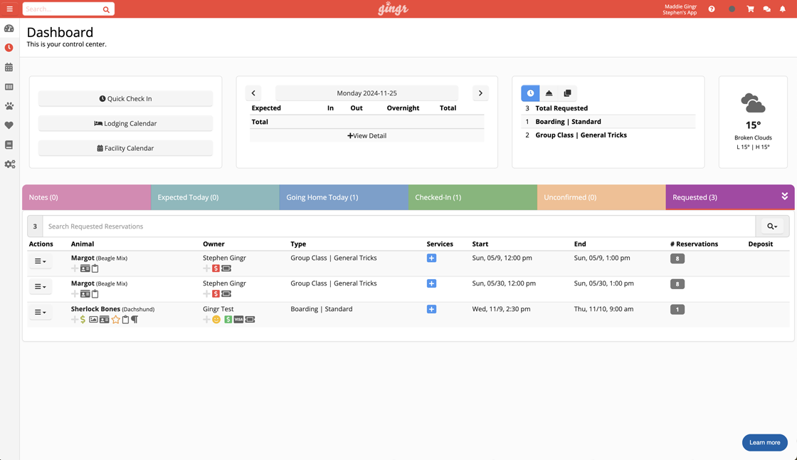A screenshot of an overview dashboard in Gingr's dog daycare software.