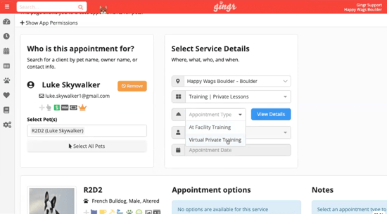 enrolling a pet in a training session through the gingr platform