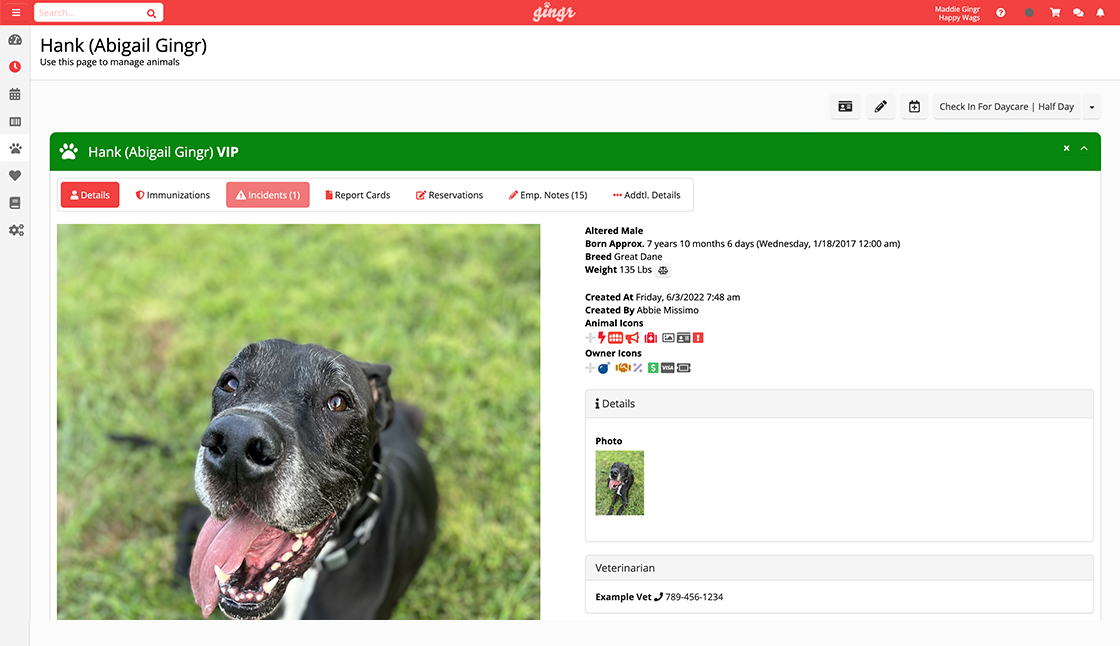 An example of a customizable pet profile in Gingr's multi-location pet-care business software.