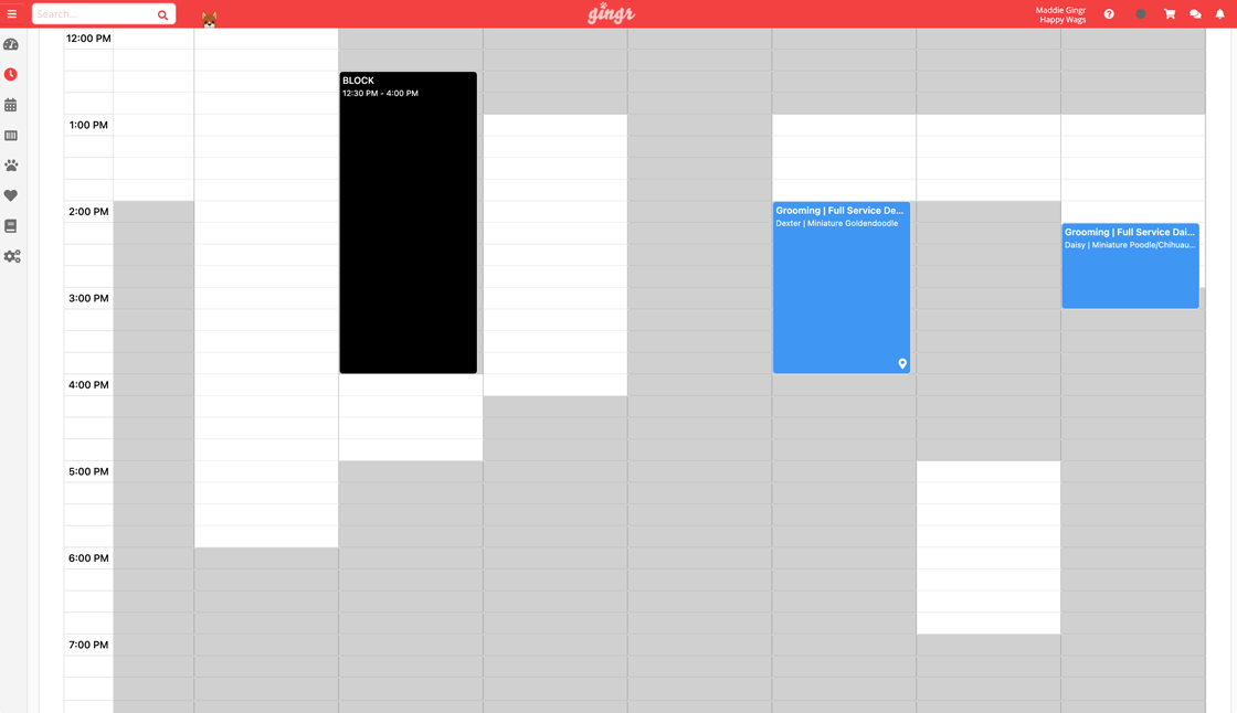 A facility calendar in Gingr's dog grooming software.